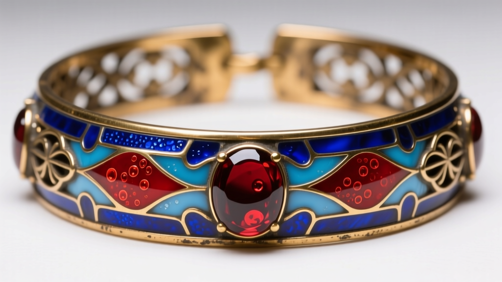 Macro of vitreous enamel inlays in blue and red, set in a brass cleopatra style necklace collar frame under bright studio light