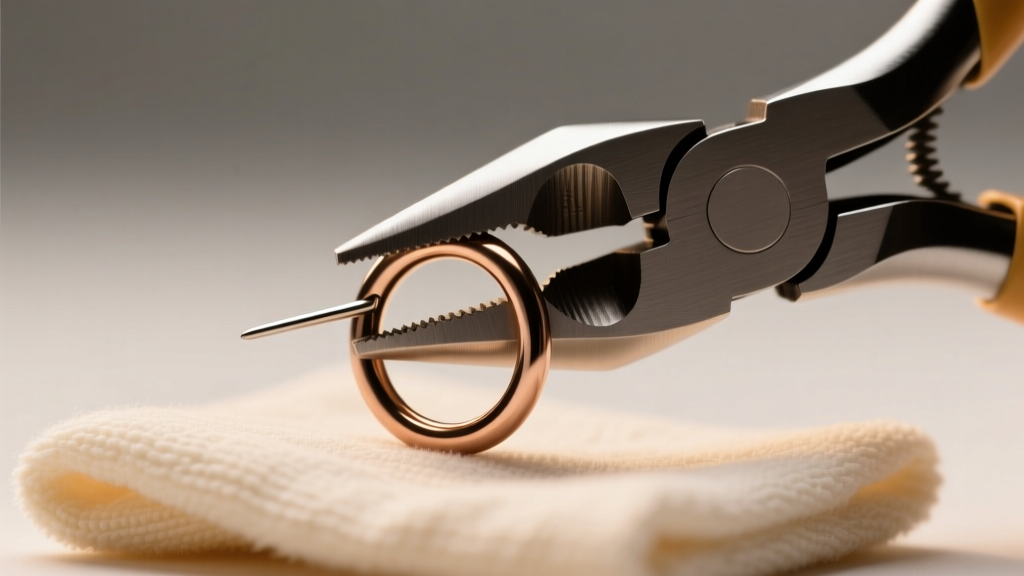 Smooth-jawed needle nose pliers gripping a 16-gauge titanium seamless nose hoop on a microfiber cloth under warm studio lighting