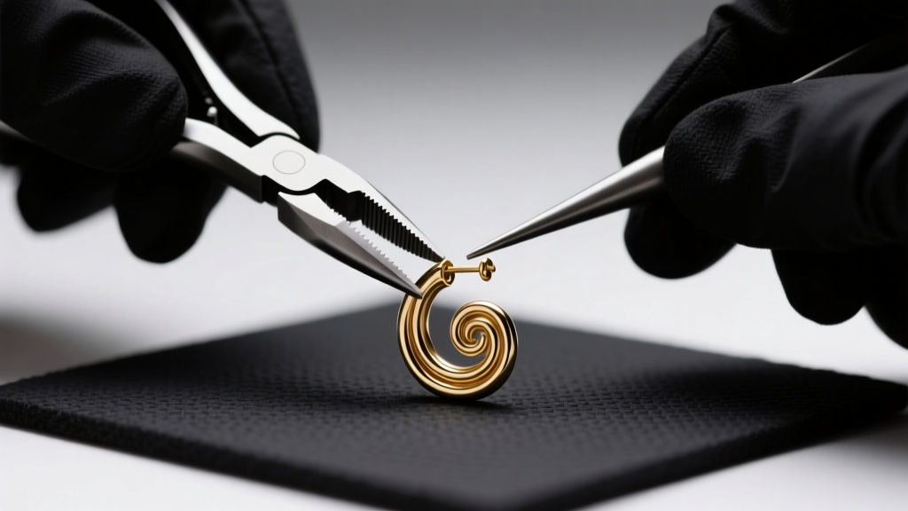Hands using specialized jewelry pliers to gently adjust the tension and gap of a delicate 20-gauge solid gold spiral lobe earring on a dark mat