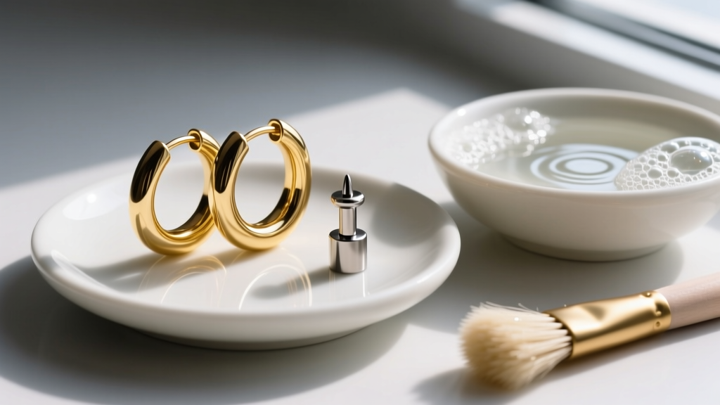 Close-up of 14k solid gold huggie hoops and a titanium labret on a ceramic dish beside a bowl of soapy water and a soft brush