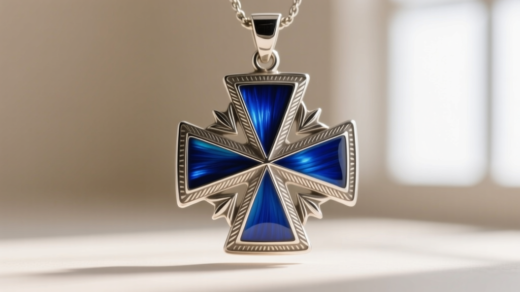 Macro shot of champlevé blue miraculous medal pendant showing textured silver borders and deep ultramarine enamel fill details