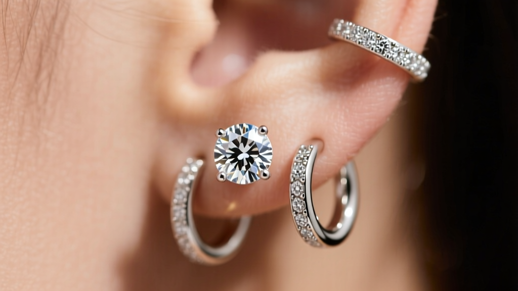 Macro shot of an ear stack highlighting a large diamond lobe stud as the focal point, paired with tiny 16-gauge titanium huggies.