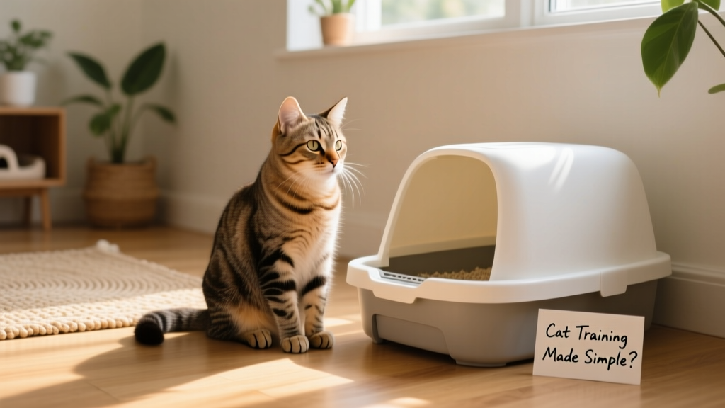 A calm cat sitting beside a clean litter box with paws neatly tucked
