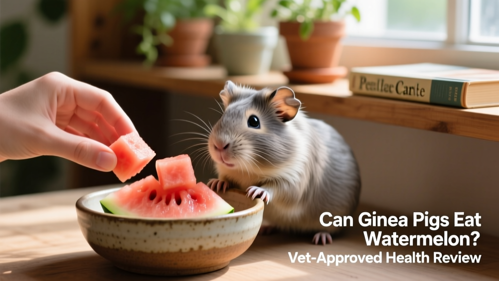 Close-up of a hand placing two small, seedless watermelon cubes into a guinea pig’s food bowl
