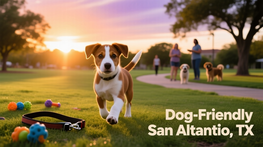 a brown and white pup in a dog-friendly park in San Antonio as the sun sets behind it