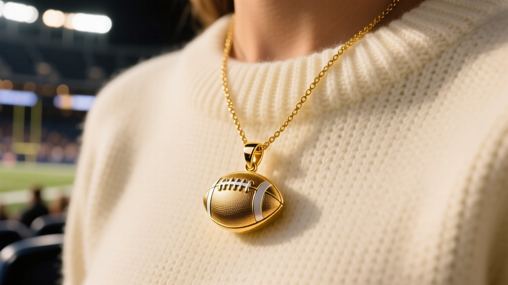 Close-up of a 14k gold necklace with a 12mm football pendant resting on a cream knit sweater under warm stadium lighting.