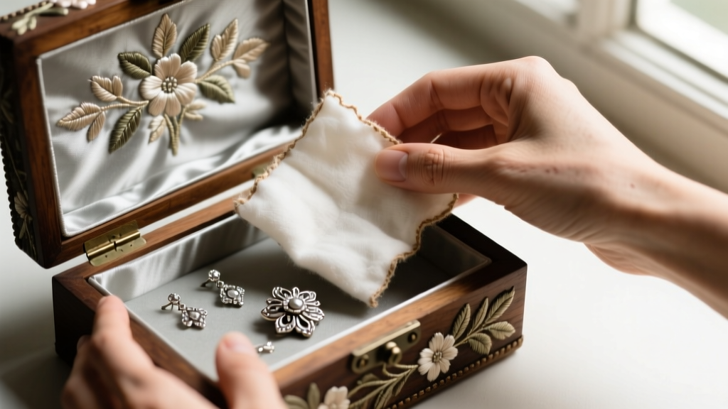 Hands placing unbleached acid-free cotton inside an embroidered jewelry box to protect delicate silver pieces from tarnishing.