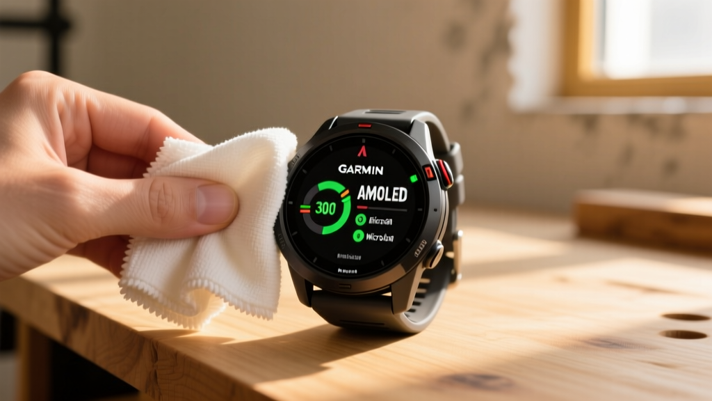 Close-up of a Garmin Fenix 8 AMOLED screen being gently wiped with a 300 GSM microfiber cloth on a wooden workbench in a sunlit room