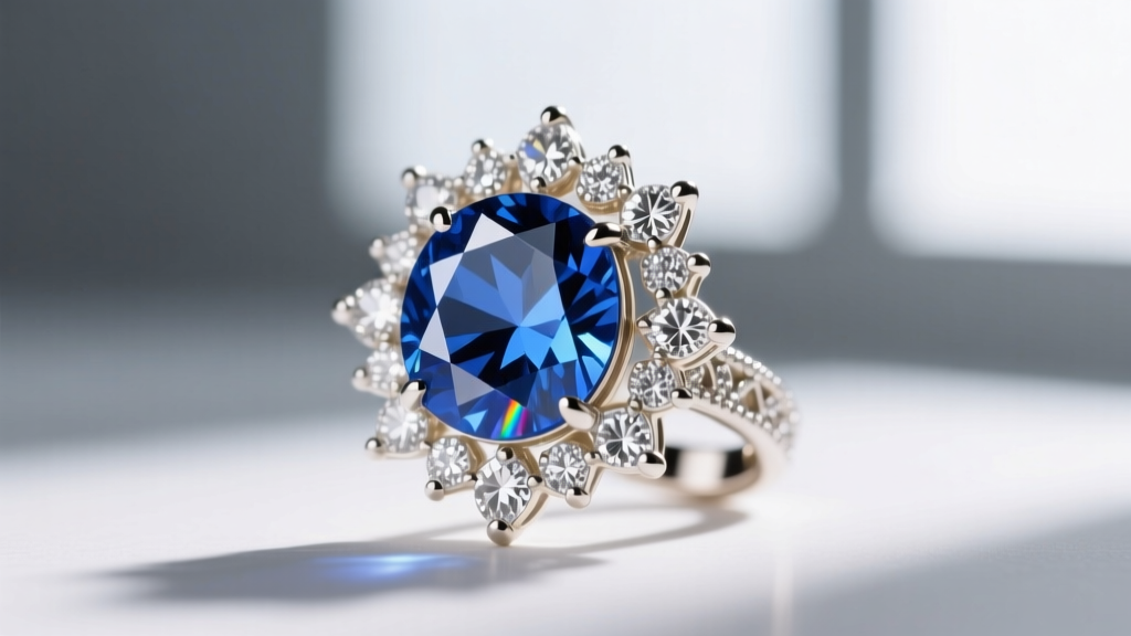 Close-up of royal-inspired sapphire and diamond cluster earring showing faceted cornflower blue center stone and white gold prongs