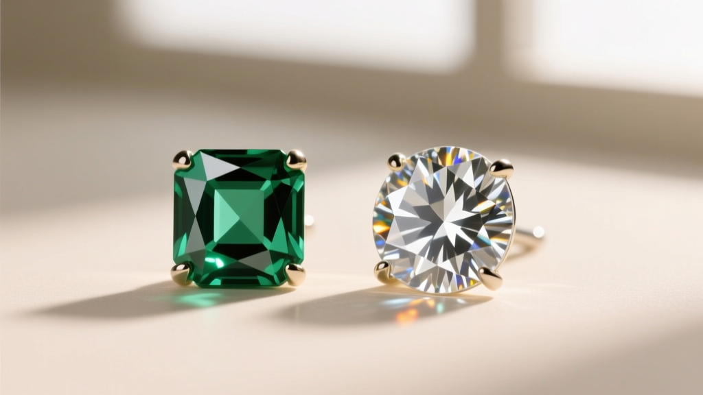 Two emerald cut stud earrings side by side, comparing a shallow windowed stone to an ideal depth stone with crisp step facets.