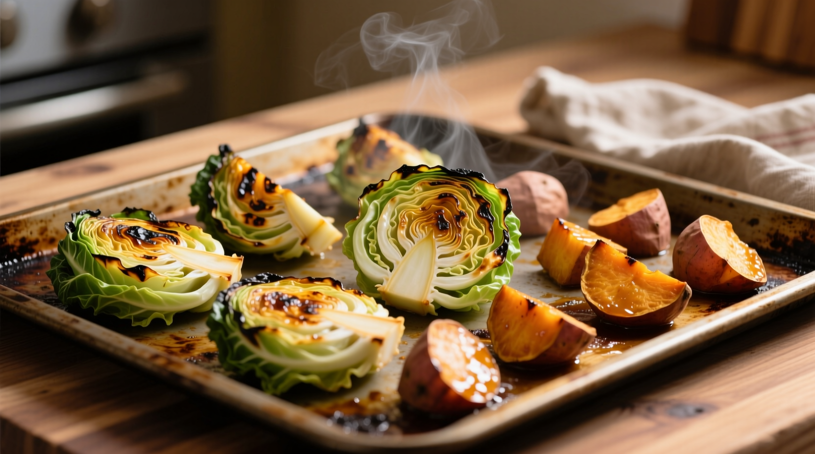 Roasted cabbage wedges and sweet potato cubes on baking sheet