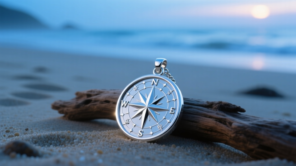Sterling silver Moana 2 star compass pendant resting on driftwood, illuminated by soft oceanic blue lighting against a sandy background