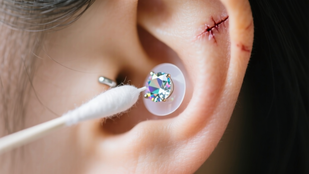 Macro shot of a cotton swab applying medical adhesive to a skin-safe gemstone sticker near a healed ear cartilage piercing site