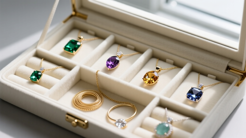 Overhead view of an anti-tarnish jewelry storage box with felt compartments holding various gemstone pendants and gold chains