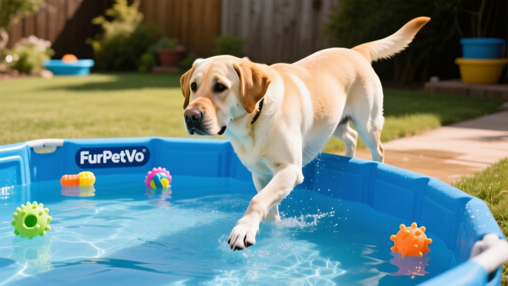 A Labrador retriever gently stepping into a shallow, blue FurPetVo dog pool with floating toys nearby