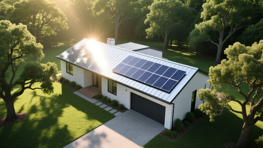 Aerial view of a modern home with a sleek standing seam metal roof and integrated solar panels surrounded by mature oak trees