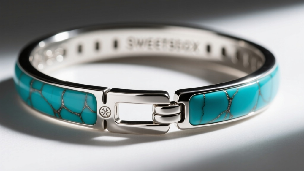 Underside of a sterling silver turquoise collar necklace showing the stamped sweatbox backing, heavy hinge, and secure box clasp.