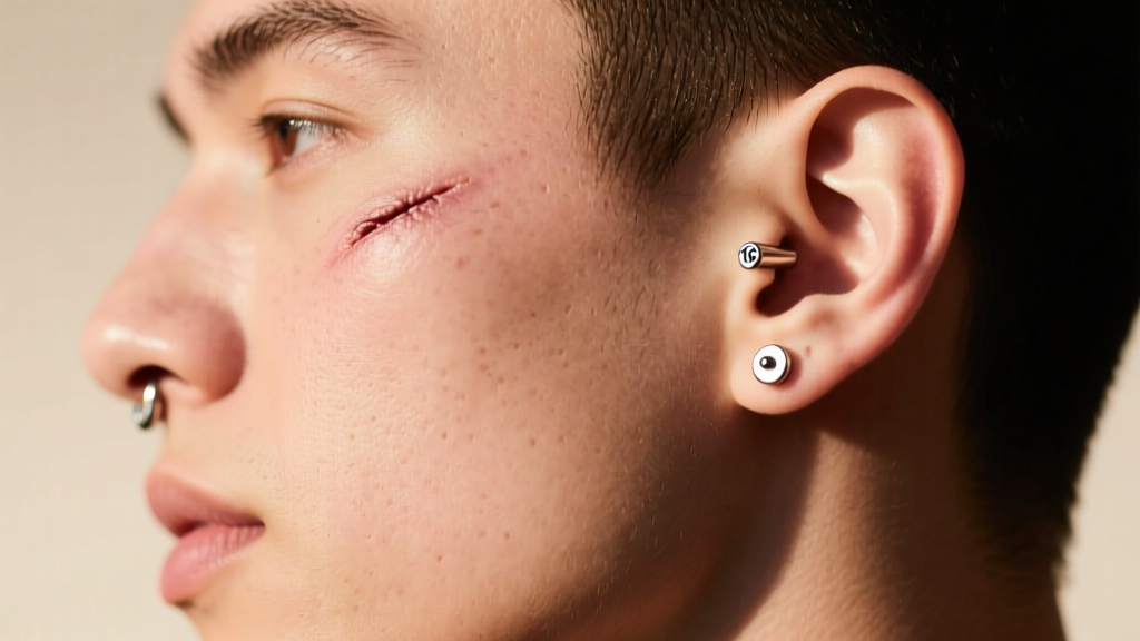 Side profile showing a healed 16-gauge implant-grade titanium flat back labret stud in a helix piercing against warm, natural skin tones.