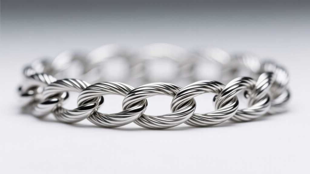 Macro view of 1.5mm sterling silver cable chain links, showing laser-welded seams and a polished finish under bright studio lighting.