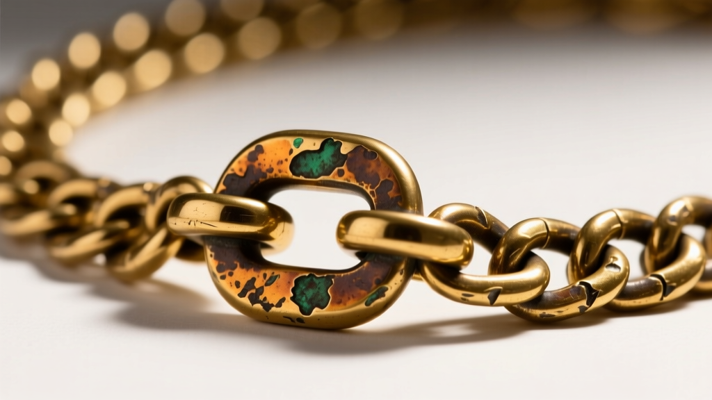 Macro shot of a heavy cast brass necklace bail and thick curb chain showing detailed oxidation and an antique gold patina finish