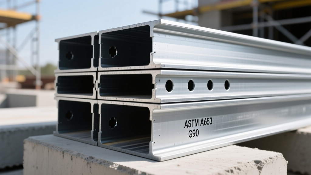 Close-up of galvanized cold-formed steel framing channels stacked on a construction site with visible punch-outs and manufacturer grade stamps