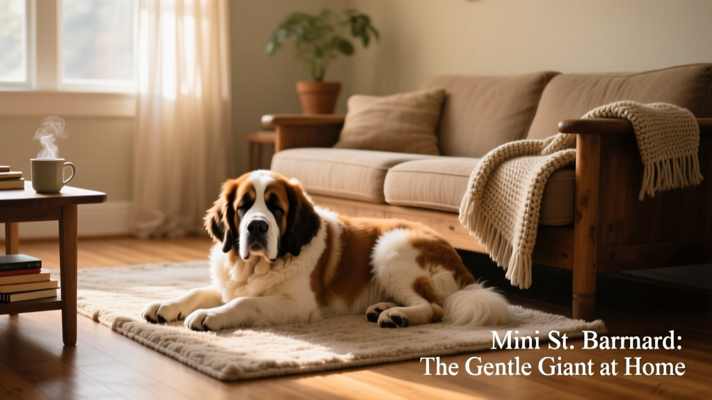 Adult Mini St. Bernard resting peacefully beside a cozy living room sofa, illustrating its calm, adaptable nature indoors