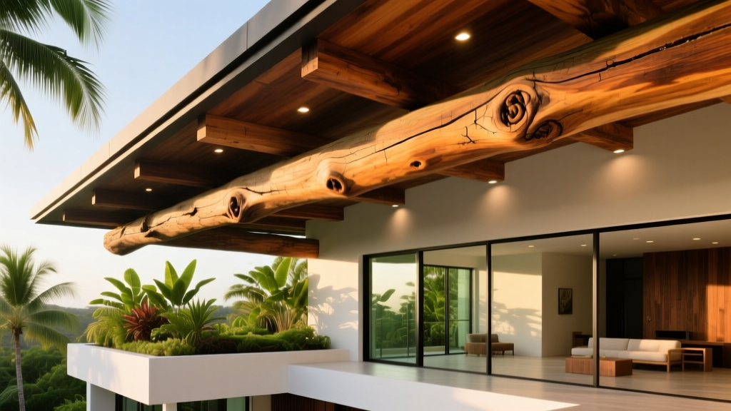 Heavy timber structural beams made of reclaimed Hawaiian mango wood supporting a modern luxury residential roof in a tropical climate