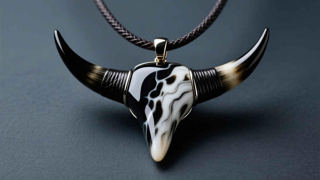Close-up of a polished, marbled black and white bull horn pendant resting on a dark leather cord against a dark slate background