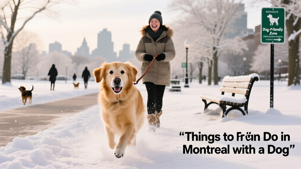 A dog-friendly park in Montreal in the winter snow.