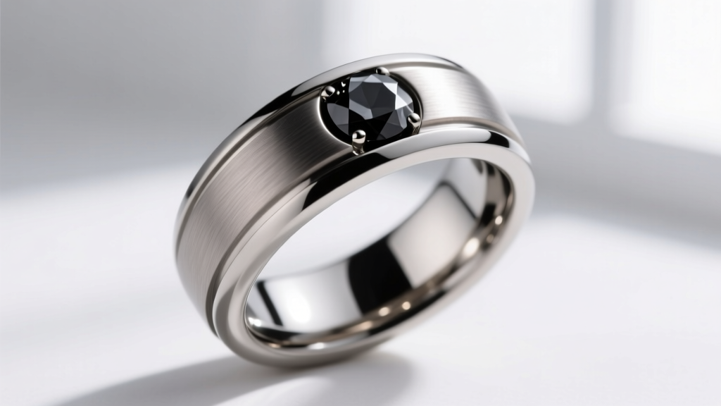Side profile of a tension-set titanium ring holding a black diamond, highlighting the seamless metal gap and polished interior