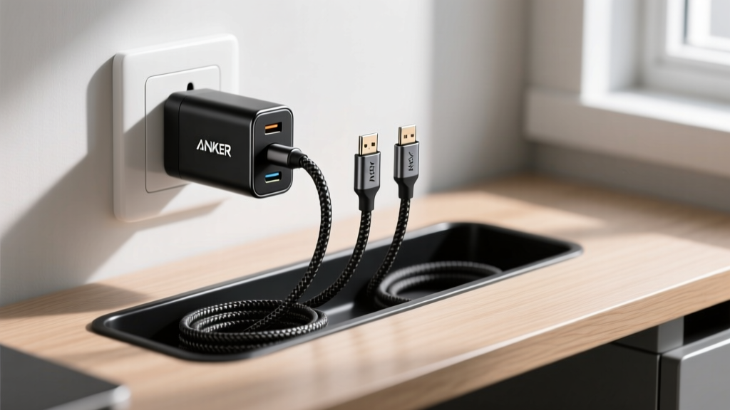 Anker Prime 100W GaN charger plugged into a wall outlet with three braided USB-C cables neatly routed through an under-desk cable tray