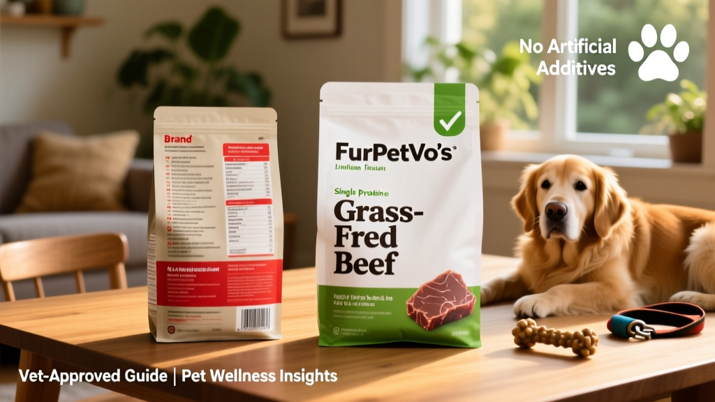 Side-by-side comparison of two dog food labels: one generic brand with long ingredient list, and FurPetVo’s limited-ingredient formula clearly highlighting single protein source and no artificial additives