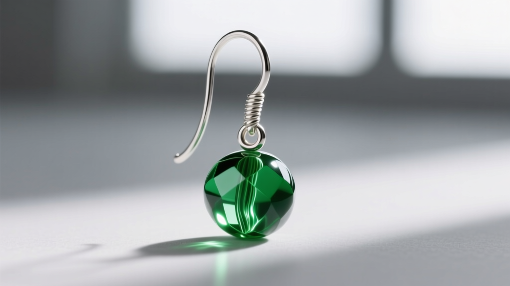 Macro photography of a 20-gauge Argentium silver ear wire threaded through a polished Czech glass fire-polished bead in emerald green.