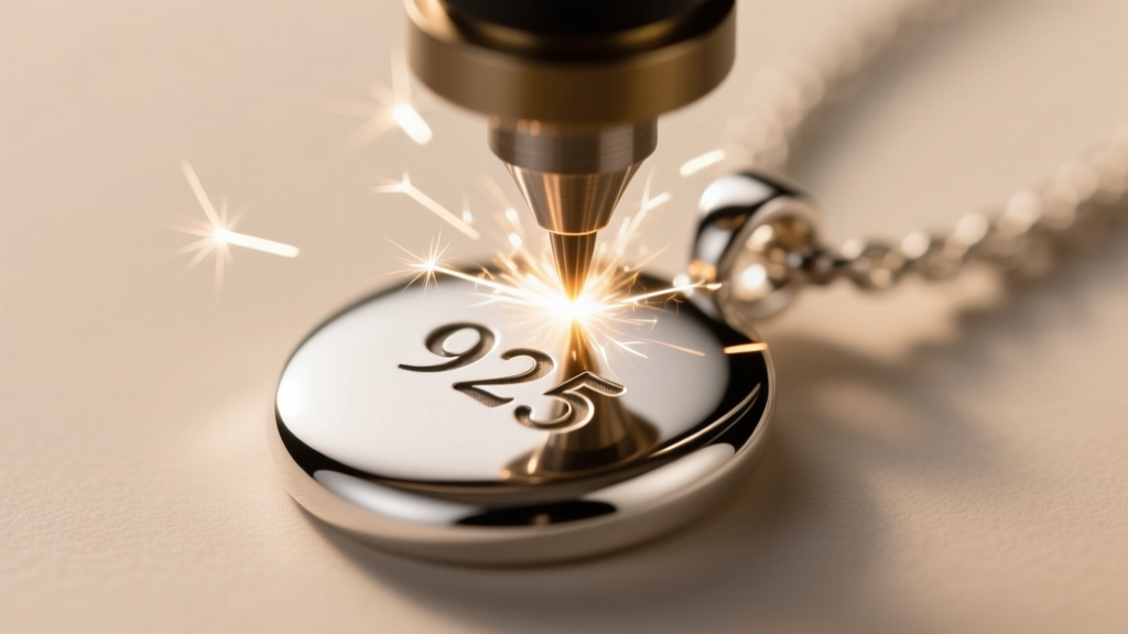 Close-up of a laser engraver etching a 925 mark on a silver pendant, showing a bright spark and smooth metallic surface texture