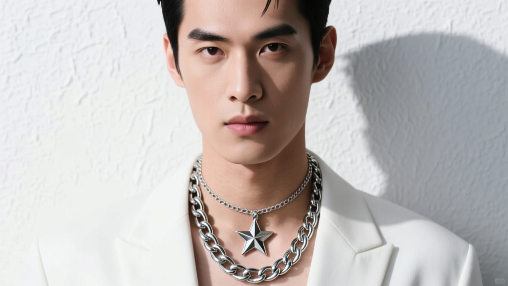 Male model wearing a layered stack with a 16-inch choker, an 18-inch star pendant, and a 22-inch heavy silver cuban chain