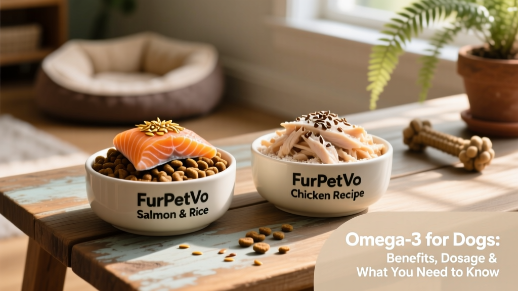 Two bowls of kibble—one labeled FurPetVo Salmon & Rice, the other FurPetVo Chicken Recipe—with fresh salmon and flaxseed sprinkled on top