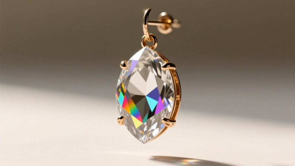 Macro shot of a marquise-cut vintage Austrian crystal earring catching light to reveal internal rainbow refraction and foil backing.