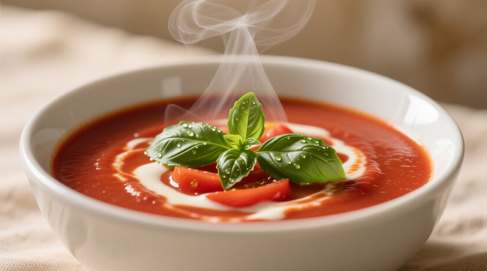 Creamy vegetarian tomato soup in white bowl with basil garnish