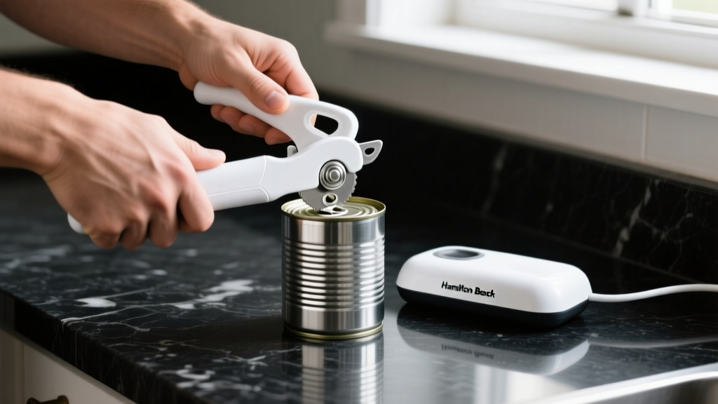 Hands operating a white Hamilton Beach electric can opener on a stainless steel soup can resting on a dark granite kitchen countertop