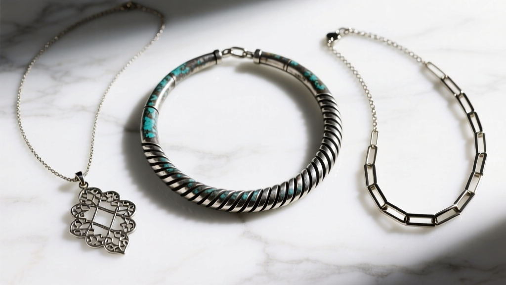 Flat lay of a 16-inch oxidized Bali choker, a 20-inch filigree pendant, and a 24-inch minimalist chain on a white marble surface