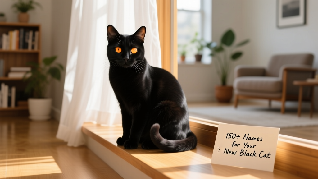 A sleek, expressive black cat sitting gracefully on a sunlit windowsill