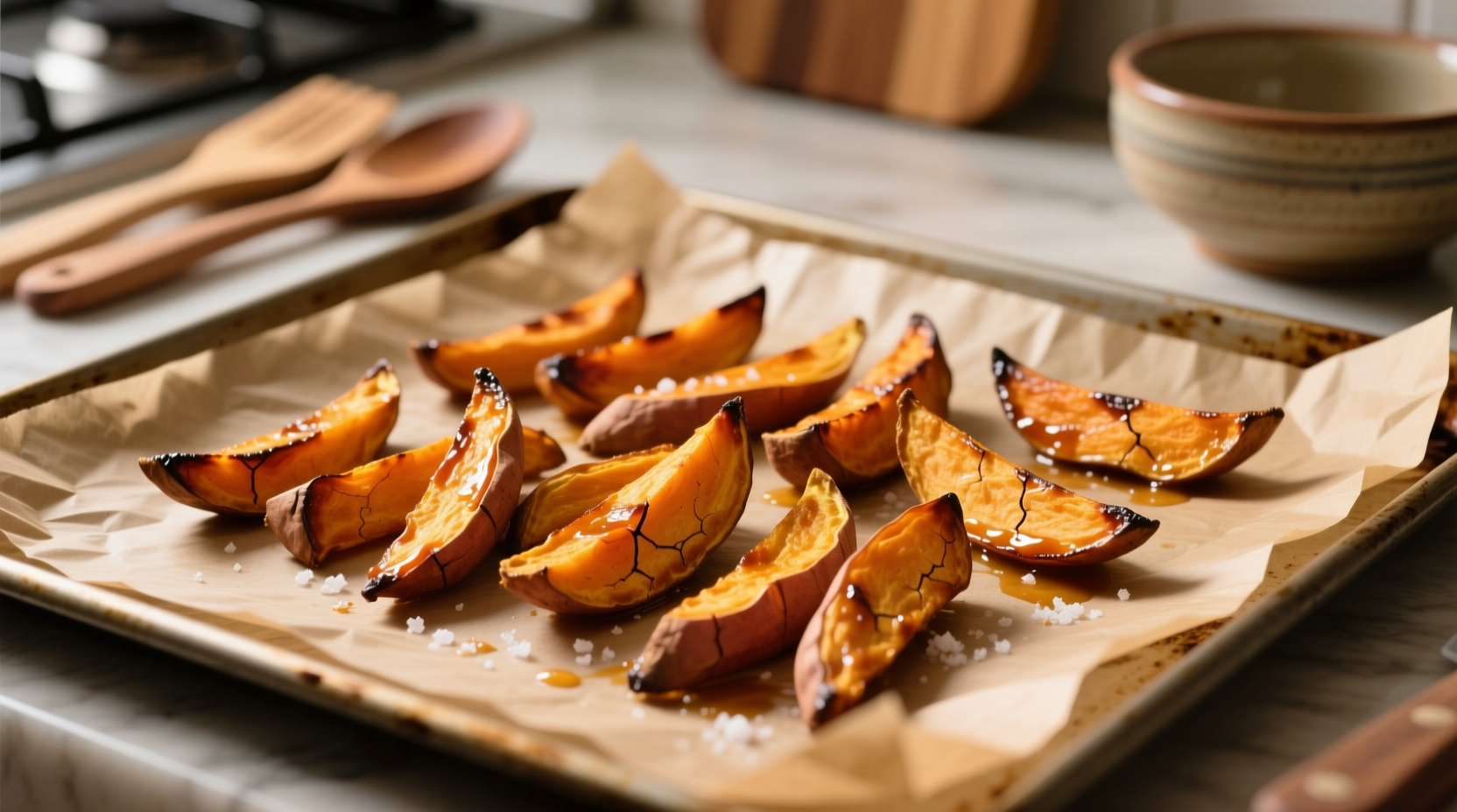 Homemade baked sweet potato fries on parchment paper