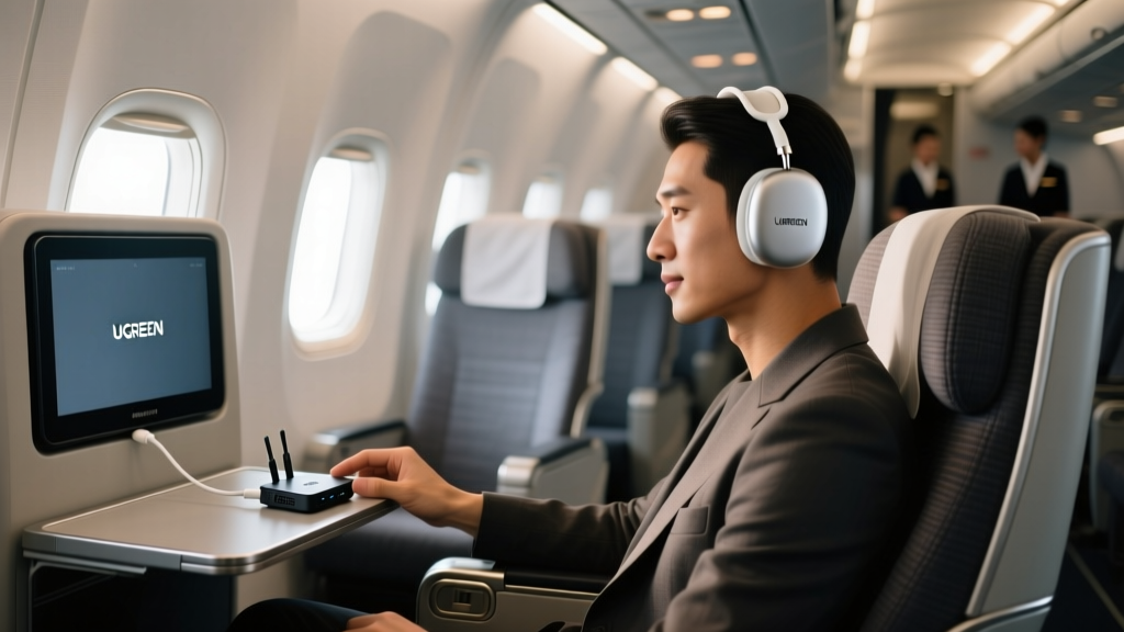 Passenger using UGREEN Bluetooth transmitter plugged into airplane seatback screen while wearing wireless noise-canceling headphones