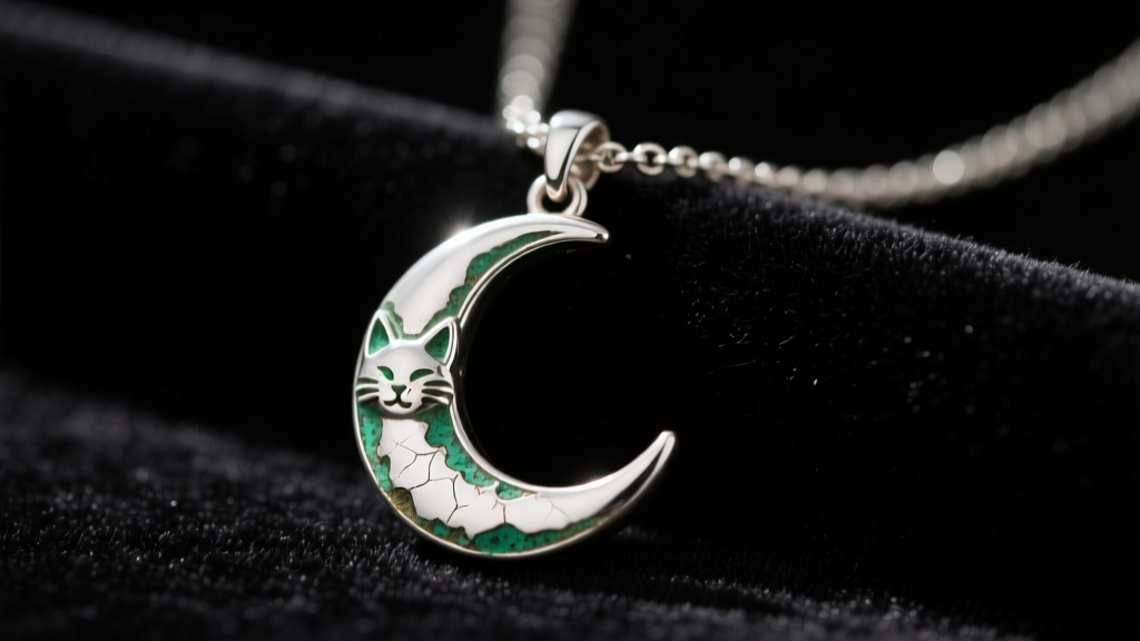 Close-up of a tarnished silver cat moon necklace on dark velvet, showing green oxidation around the crescent moon edges and bail