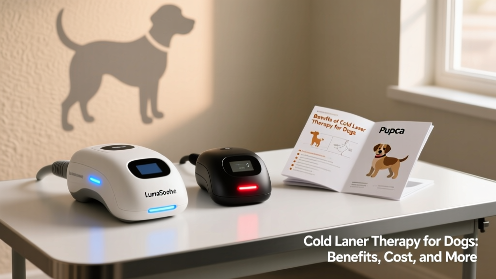Two FurPetVo cold laser devices—LumaSoothe 2 and Pupca—displayed side-by-side on a clean veterinary table with instruction manual
