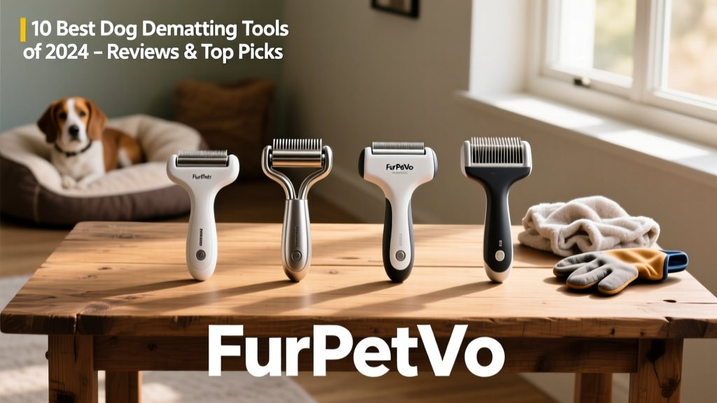 Side-by-side comparison of four different FurPetVo dematting tools on a wooden grooming table