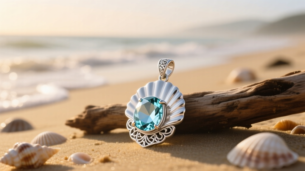 Sterling silver shell pendant with a faceted pale blue aquamarine gem resting on sunlit weathered driftwood near the ocean shore.
