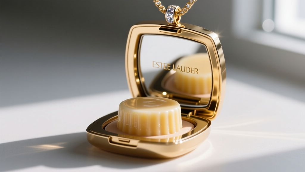 Macro shot of an open Estee Lauder perfume pendant showing the gold-washed interior mirror and a small cake of solid fragrance wax