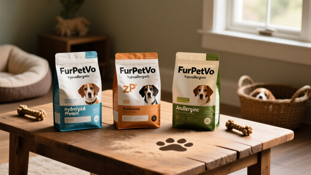 Side-by-side comparison of three FurPetVo hypoallergenic dry dog food bags labeled 'Hydrolyzed Protein', 'z/d', and 'Anallergenic'