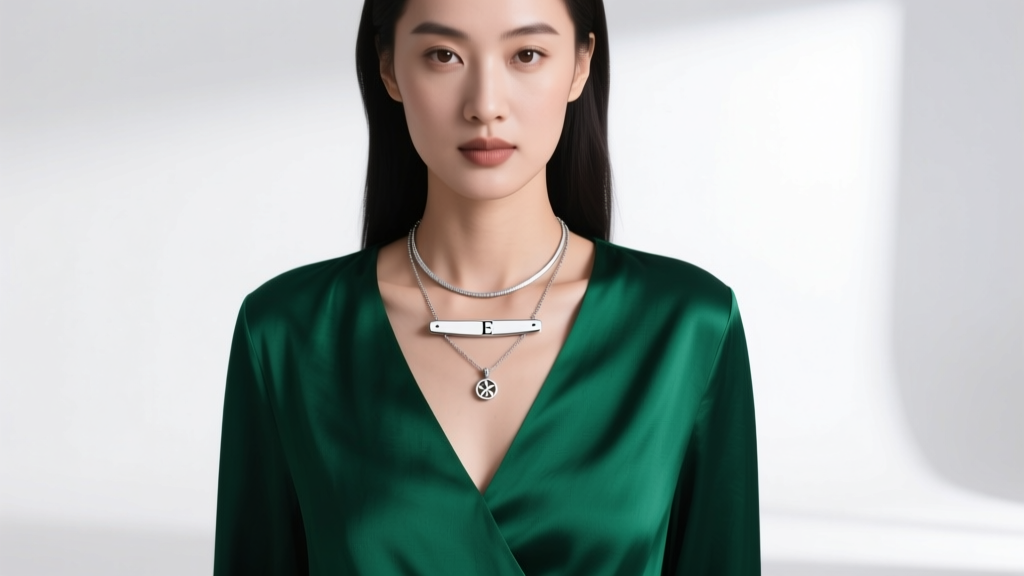 A woman wearing a layered double pendant necklace with a bar and initial charm over a deep V-neck emerald green silk blouse.